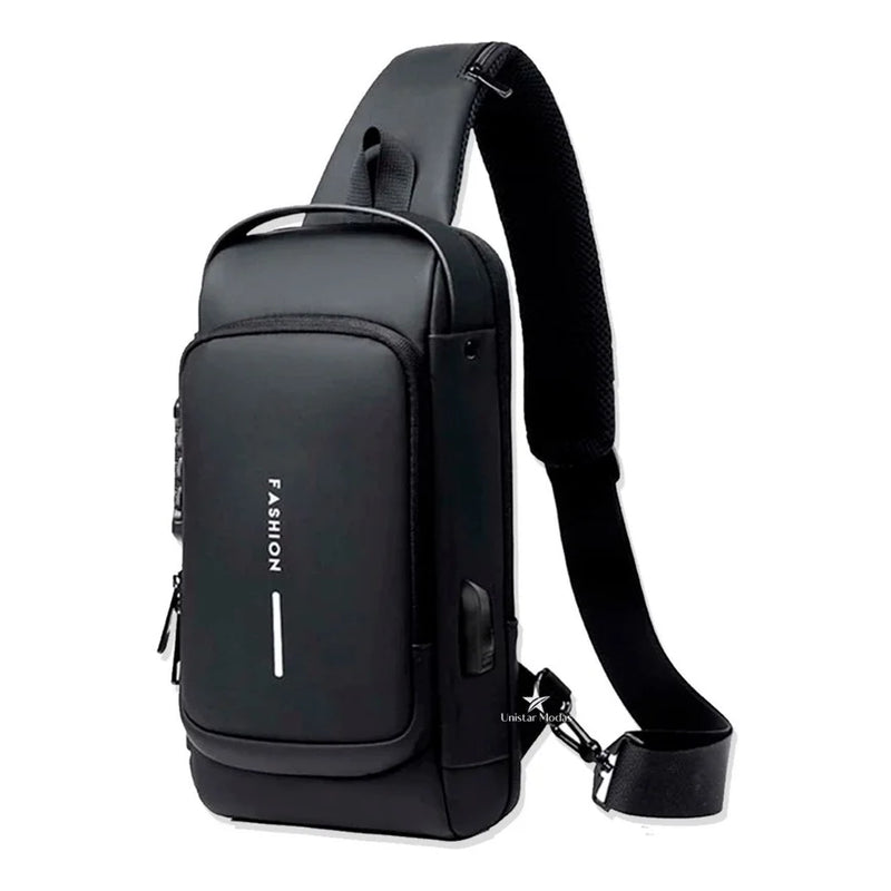 Pochete Transversal USB Com Senha Anti Roubo Shoulder Bolsa Unissex Fashion