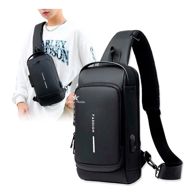 Pochete Transversal USB Com Senha Anti Roubo Shoulder Bolsa Unissex Fashion